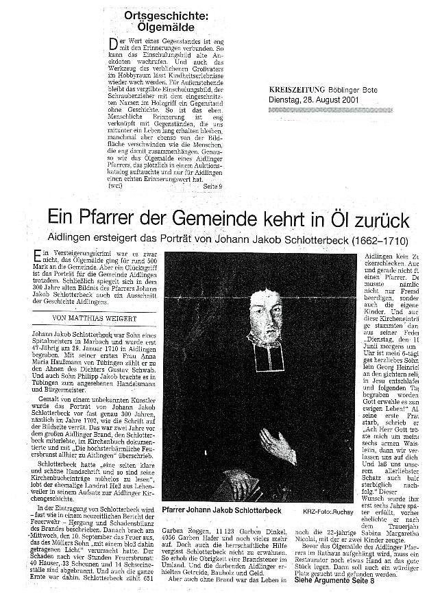 Zeitungsartikel 2001 zum Ölgemälde Schlotterbeck