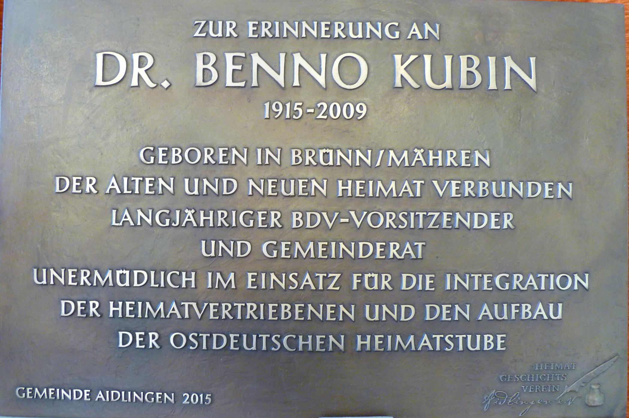 Gedenktafe für Dr. Benno Kubin